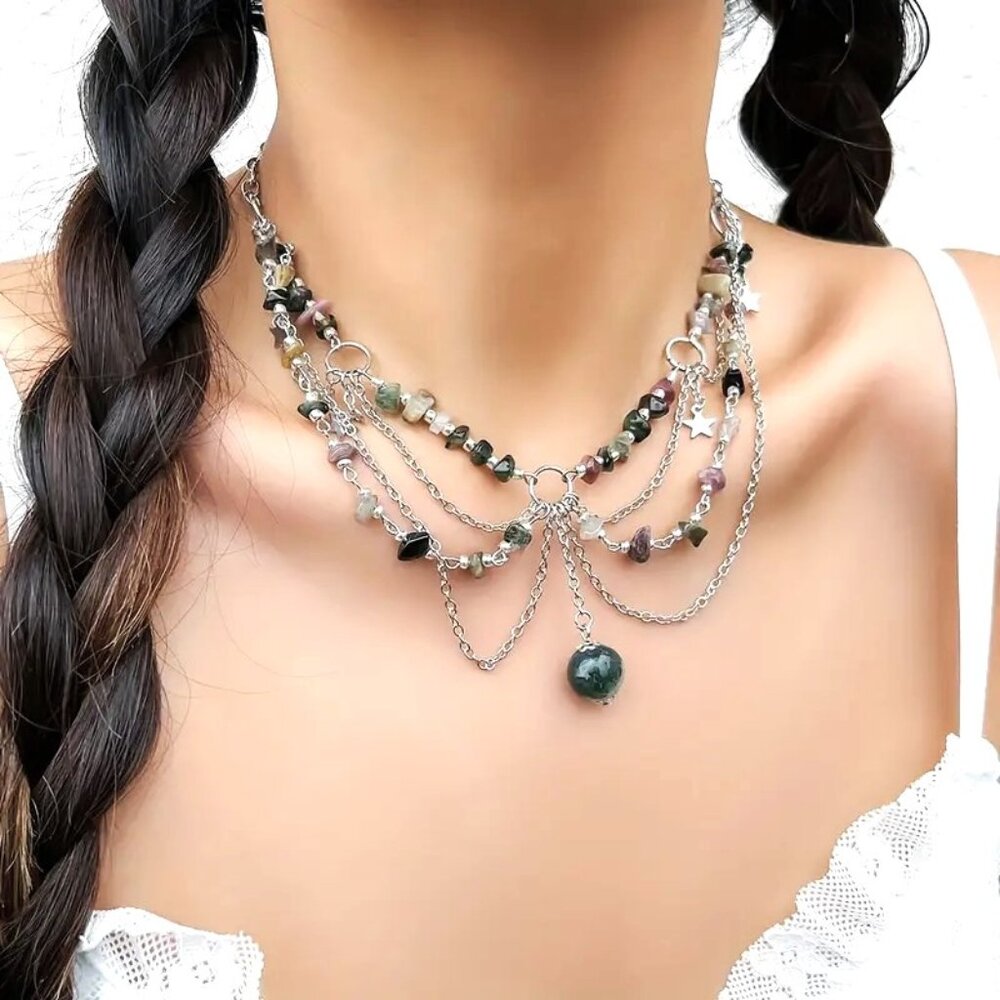 Necklace Layered Natural Crystal Stones Boho Silver Healing Stars Trendy Stylish